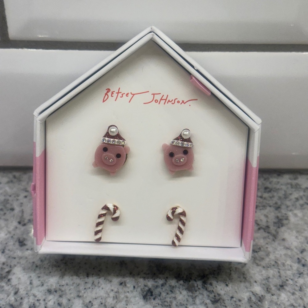 Betsey Johnson Cute Pig Candy Cane Christmas Holiday Earrings‎ Set